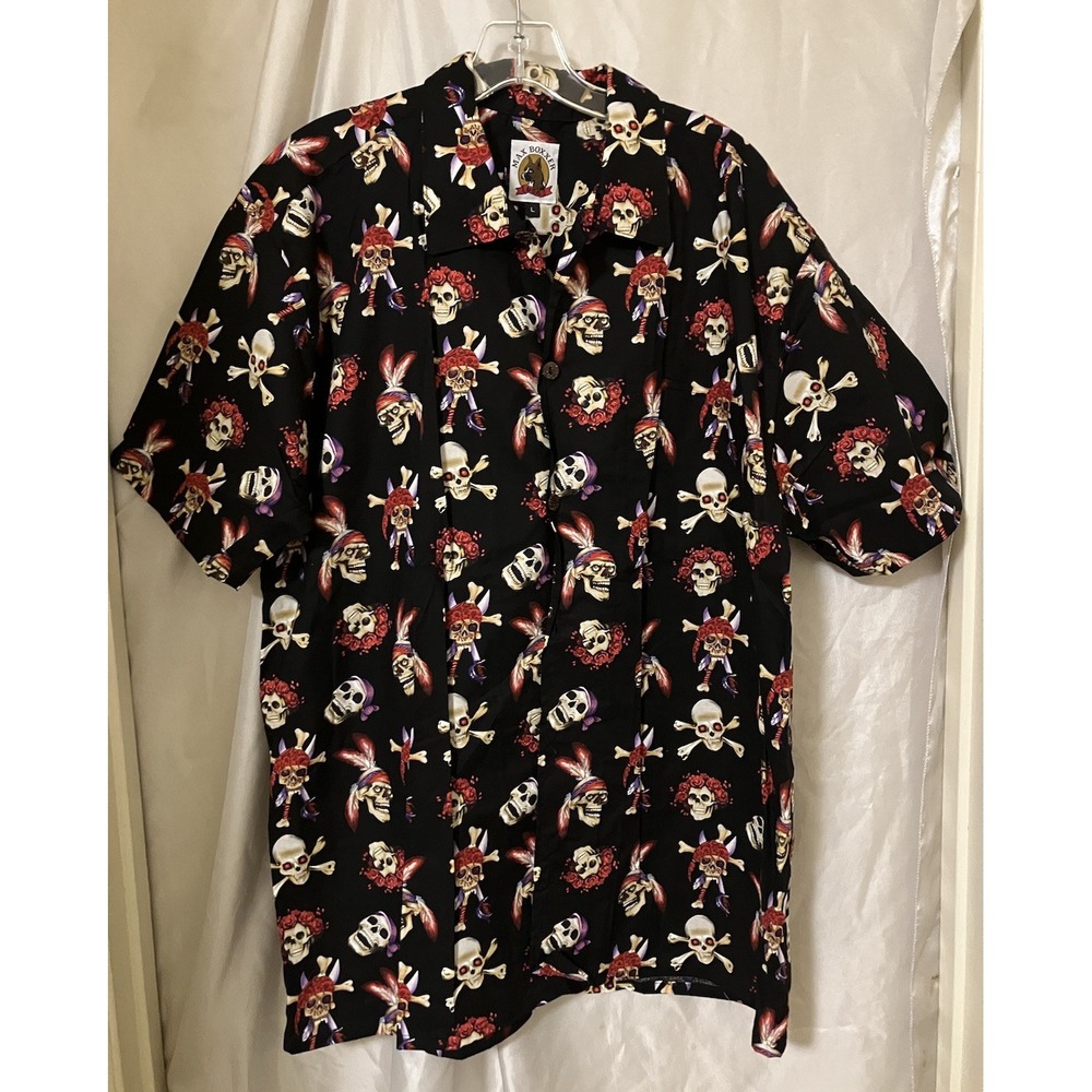 VTG NOS Max Boxxer Black Skulls All Over Print Button-Up Shirt‎ L USA NWT Aloha